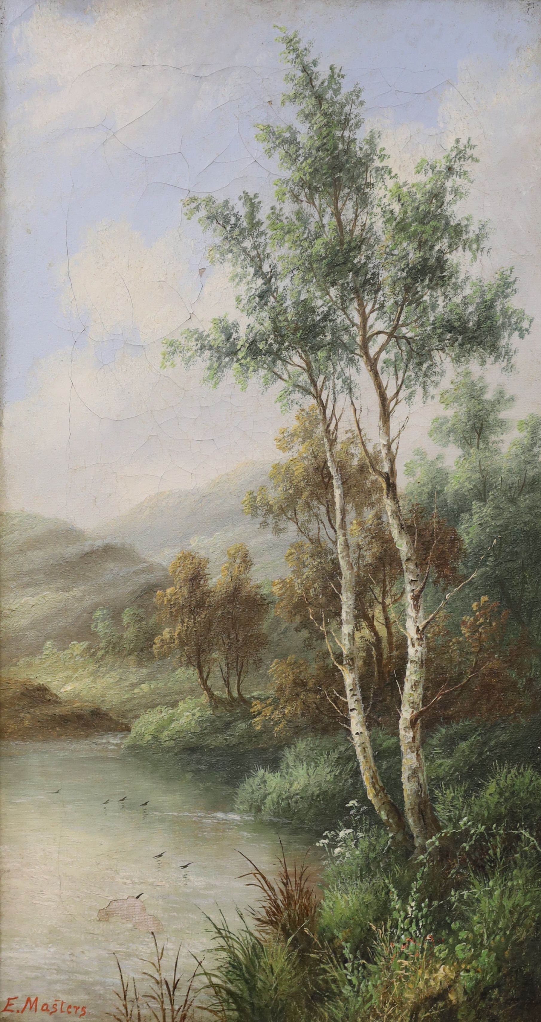 Edwin Masters, pair of oils on canvas, birch trees beside streams, signed, 46 x 25cm.